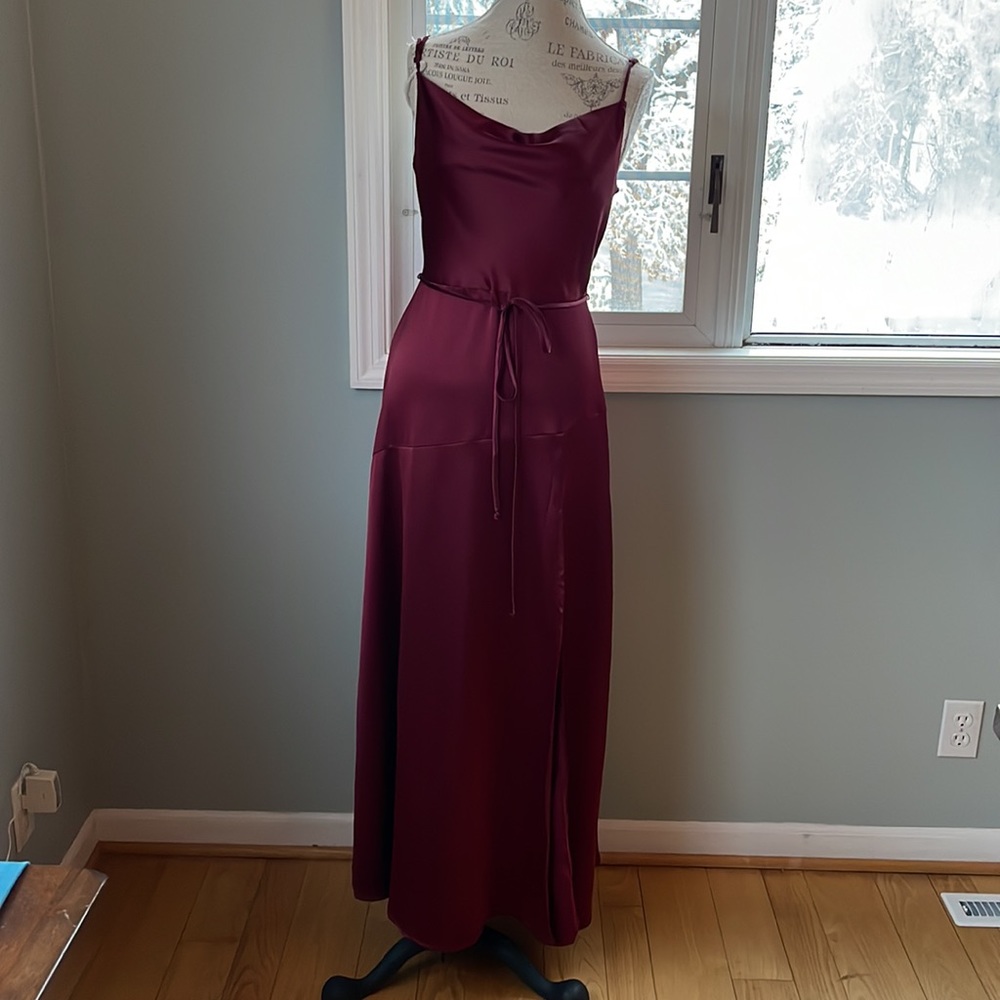 KLD wine colored satin stretch cowl neck - high slit maxi dress NWT size M - Picture 2 of 12